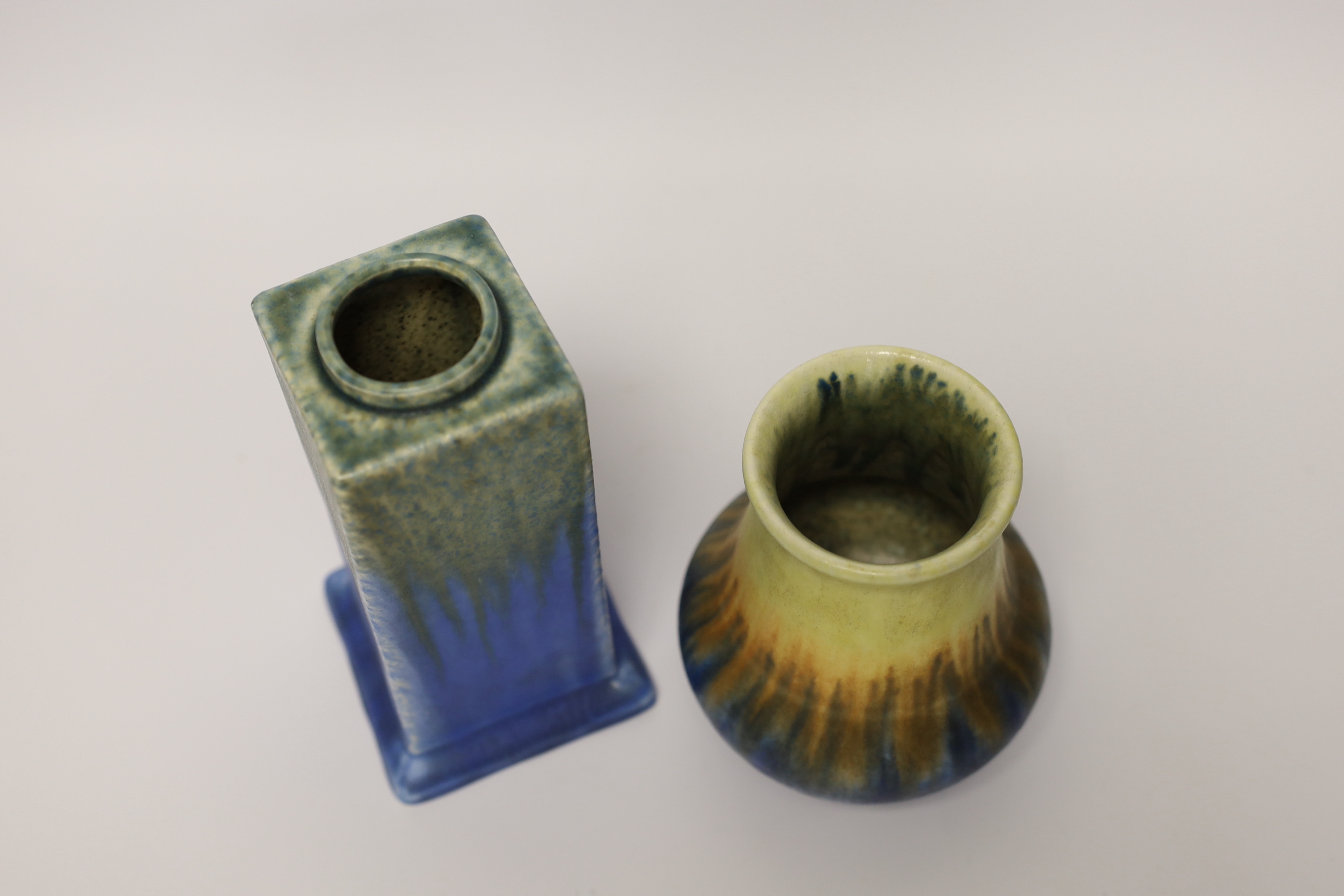 Two Ruskin pottery crystalline vases, each signed to bases, largest 17cm high